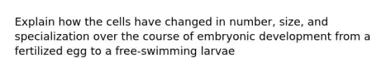 Explain how the cells have changed in number, size, and specialization over the course of embryonic development from a fertilized egg to a free-swimming larvae