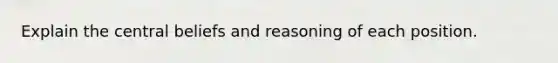 Explain the central beliefs and reasoning of each position.