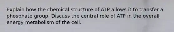 Explain how the chemical structure of ATP allows it to transfer a phosphate group. Discuss the central role of ATP in the overall energy metabolism of the cell.