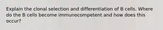 Explain the clonal selection and differentiation of B cells. Where do the B cells become immunocompetent and how does this occur?