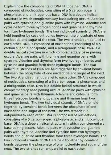 Explain how the components of DNA fit together. DNA is composed of nucleotides, consisting of a 5 carbon sugar, a phosphate, and a nitrogenous base. DNA is a double helical structure in which complementary base pairing occurs. Adenine pairs with cytosine and guanine pairs with thymine. Adenine and cytosine form three hydrogen bonds and guanine and thymine form two hydrogen bonds. The two individual strands of DNA are held together by covalent bonds between the phosphate of one nucleotide and sugar of the next. The two strands run parallel to each other. DNA is composed of nucleotides, consisting of a 5 carbon sugar, a phosphate, and a nitrogenous base. DNA is a double helical structure in which complementary base pairing occurs. Adenine pairs with thymine and guanine pairs with cytosine. Adenine and thymine form two hydrogen bonds and cytosine and guanine form three hydrogen bonds. The two individual strands of DNA are held together by covalent bonds between the phosphate of one nucleotide and sugar of the next. The two strands run antiparallel to each other. DNA is composed of nucleotides, consisting of a 5 carbon sugar, a phosphate, and a nitrogenous base. DNA is a double helical structure in which complementary base pairing occurs. Adenine pairs with cytosine and guanine pairs with thymine. Adenine and cytosine form three hydrogen bonds and guanine and thymine form two hydrogen bonds. The two individual strands of DNA are held together by covalent bonds between the phosphate of one nucleotide and sugar of the next. The two strands run antiparallel to each other. DNA is composed of nucleotides, consisting of a 5 carbon sugar, a phosphate, and a nitrogenous base. DNA is a double helical structure in which complementary base pairing occurs. Adenine pairs with cytosine and guanine pairs with thymine. Adenine and cytosine form two hydrogen bonds and guanine and thymine form three hydrogen bonds. The two individual strands of DNA are held together by covalent bonds between the phosphate of one nucleotide and sugar of the next. The two strands run antiparallel to each other.