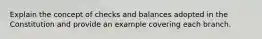 Explain the concept of checks and balances adopted in the Constitution and provide an example covering each branch.