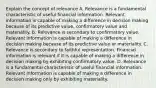 Explain the concept of relevance A. Relevance is a fundamental characteristic of useful financial information. Relevant information is capable of making a difference in decision making because of its predictive​ value, confirmatory value and materiality. B. Relevance is secondary to confirmatory value. Relevant information is capable of making a difference in decision making because of its predictive value or materiality. C. Relevance is secondary to faithful representation. Financial information is relevant if it is capable of making a difference in decision making by exhibiting confirmatory value. D. Relevance is a fundamental characteristic of useful financial information. Relevant information is capable of making a difference in decision making only by exhibiting materiality.