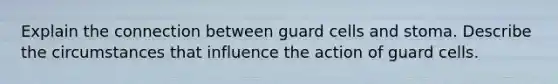 Explain the connection between guard cells and stoma. Describe the circumstances that influence the action of guard cells.