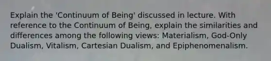 Explain the 'Continuum of Being' discussed in lecture. With reference to the Continuum of Being, explain the similarities and differences among the following views: Materialism, God-Only Dualism, Vitalism, Cartesian Dualism, and Epiphenomenalism.