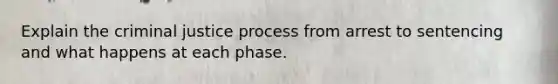 Explain the criminal justice process from arrest to sentencing and what happens at each phase.