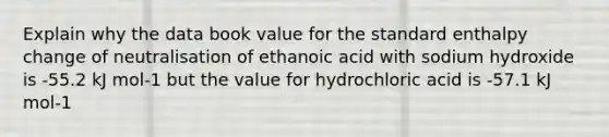 Explain why the data book value for the standard enthalpy change of neutralisation of ethanoic acid with sodium hydroxide is -55.2 kJ mol-1 but the value for hydrochloric acid is -57.1 kJ mol-1