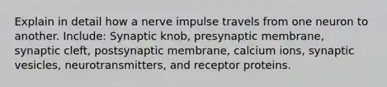 Explain in detail how a nerve impulse travels from one neuron to another. Include: Synaptic knob, presynaptic membrane, synaptic cleft, postsynaptic membrane, calcium ions, synaptic vesicles, neurotransmitters, and receptor proteins.