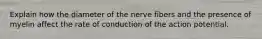 Explain how the diameter of the nerve fibers and the presence of myelin affect the rate of conduction of the action potential.