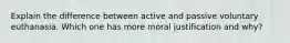 Explain the difference between active and passive voluntary euthanasia. Which one has more moral justification and why?