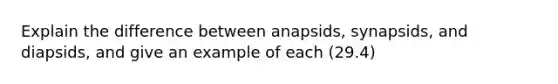 Explain the difference between anapsids, synapsids, and diapsids, and give an example of each (29.4)