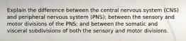 Explain the difference between the central nervous system (CNS) and peripheral nervous system (PNS); between the sensory and motor divisions of the PNS; and between the somatic and visceral subdivisions of both the sensory and motor divisions.