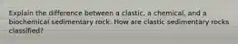 Explain the difference between a clastic, a chemical, and a biochemical sedimentary rock. How are clastic sedimentary rocks classified?