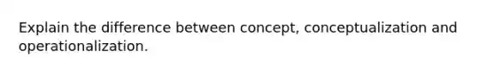 Explain the difference between concept, conceptualization and operationalization.