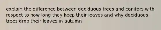 explain the difference between deciduous trees and conifers with respect to how long they keep their leaves and why deciduous trees drop their leaves in autumn