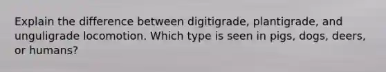 Explain the difference between digitigrade, plantigrade, and unguligrade locomotion. Which type is seen in pigs, dogs, deers, or humans?