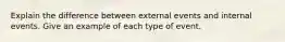 Explain the difference between external events and internal events. Give an example of each type of event.