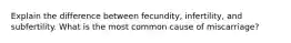 Explain the difference between fecundity, infertility, and subfertility. What is the most common cause of miscarriage?