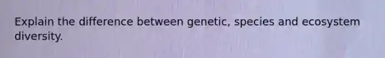 Explain the difference between genetic, species and ecosystem diversity.