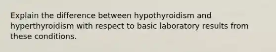 Explain the difference between hypothyroidism and hyperthyroidism with respect to basic laboratory results from these conditions.