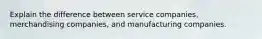 Explain the difference between service companies, merchandising companies, and manufacturing companies.