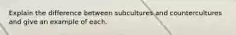 Explain the difference between subcultures and countercultures and give an example of each.