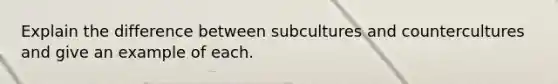 Explain the difference between subcultures and countercultures and give an example of each.
