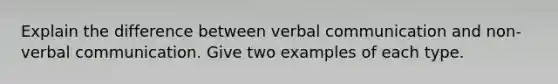 Explain the difference between verbal communication and non-verbal communication. Give two examples of each type.