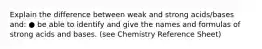 Explain the difference between weak and strong acids/bases and: ● be able to identify and give the names and formulas of strong acids and bases. (see Chemistry Reference Sheet)