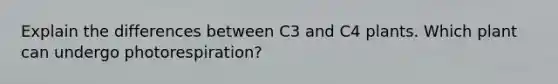 Explain the differences between C3 and C4 plants. Which plant can undergo photorespiration?