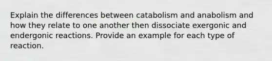 Explain the differences between catabolism and anabolism and how they relate to one another then dissociate exergonic and endergonic reactions. Provide an example for each type of reaction.