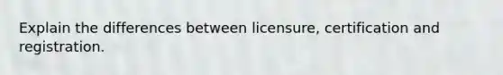 Explain the differences between licensure, certification and registration.