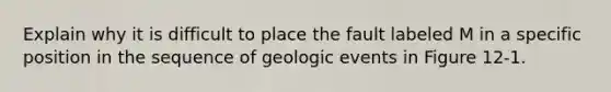 Explain why it is difficult to place the fault labeled M in a specific position in the sequence of geologic events in Figure 12-1.