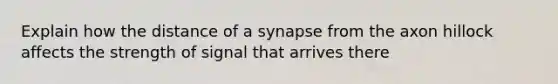 Explain how the distance of a synapse from the axon hillock affects the strength of signal that arrives there