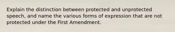 Explain the distinction between protected and unprotected speech, and name the various forms of expression that are not protected under the First Amendment.