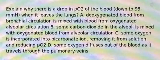 Explain why there is a drop in pO2 of the blood (down to 95 mmH) when it leaves the lungs? A. deoxygenated blood from bronchial circulation is mixed with blood from oxygenated alveolar circulation B. some carbon dioxide in the alveoli is mixed with oxygenated blood from alveolar circulation C. some oxygen is incorporated into bicarbonate ion, removing it from solution and reducing pO2 D. some oxygen diffuses out of the blood as it travels through the pulmonary veins