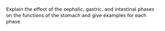 Explain the effect of the cephalic, gastric, and intestinal phases on the functions of the stomach and give examples for each phase.