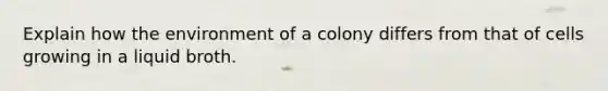 Explain how the environment of a colony differs from that of cells growing in a liquid broth.