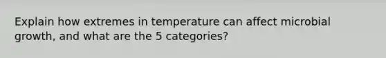 Explain how extremes in temperature can affect microbial growth, and what are the 5 categories?