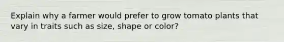 Explain why a farmer would prefer to grow tomato plants that vary in traits such as size, shape or color?