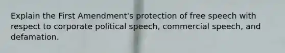 Explain the First Amendment's protection of free speech with respect to corporate political speech, commercial speech, and defamation.