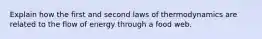 Explain how the first and second laws of thermodynamics are related to the flow of energy through a food web.