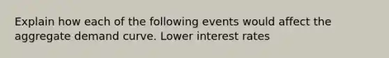 Explain how each of the following events would affect the aggregate demand curve. Lower interest rates