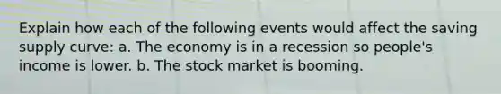 Explain how each of the following events would affect the saving supply curve: a. The economy is in a recession so people's income is lower. b. The stock market is booming.