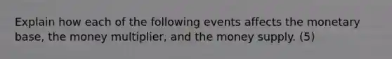 Explain how each of the following events affects the monetary base, the money multiplier, and the money supply. (5)