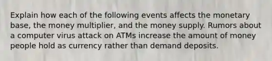 Explain how each of the following events affects the monetary base, the money multiplier, and the money supply. Rumors about a computer virus attack on ATMs increase the amount of money people hold as currency rather than demand deposits.