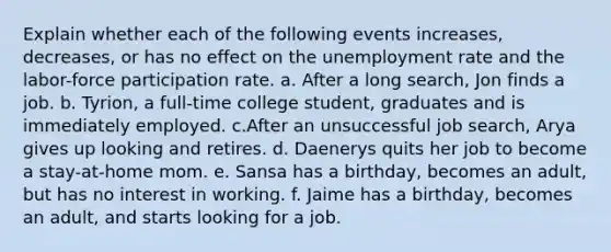 Explain whether each of the following events increases, decreases, or has no effect on the unemployment rate and the labor-force participation rate. a. After a long search, Jon finds a job. b. Tyrion, a full-time college student, graduates and is immediately employed. c.After an unsuccessful job search, Arya gives up looking and retires. d. Daenerys quits her job to become a stay-at-home mom. e. Sansa has a birthday, becomes an adult, but has no interest in working. f. Jaime has a birthday, becomes an adult, and starts looking for a job.