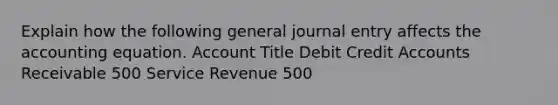 Explain how the following general journal entry affects the accounting equation. Account Title Debit Credit Accounts Receivable 500 Service Revenue 500