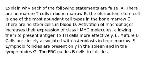 Explain why each of the following statements are false. A. There are no mature T cells in bone marrow B. the pluripotent stem cell is one of the most abundant cell types in the bone marrow C. There are no stem cells in blood D. Activation of macrophages increases their expression of class I MHC molecules, allowing them to present antigen to TH cells more effectively. E. Mature B Cells are closely associated with osteoblasts in bone marrow. F. Lymphoid follicles are present only in the spleen and in the lymph nodes G. The FRC guides B cells to follicles