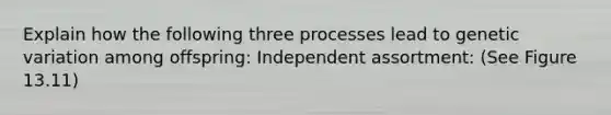 Explain how the following three processes lead to genetic variation among offspring: Independent assortment: (See Figure 13.11)